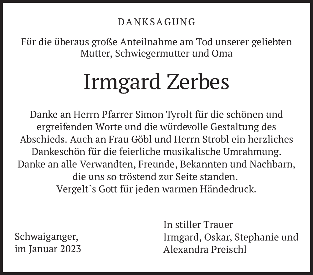 Traueranzeigen Von Irmgard Zerbes Trauer Merkur De