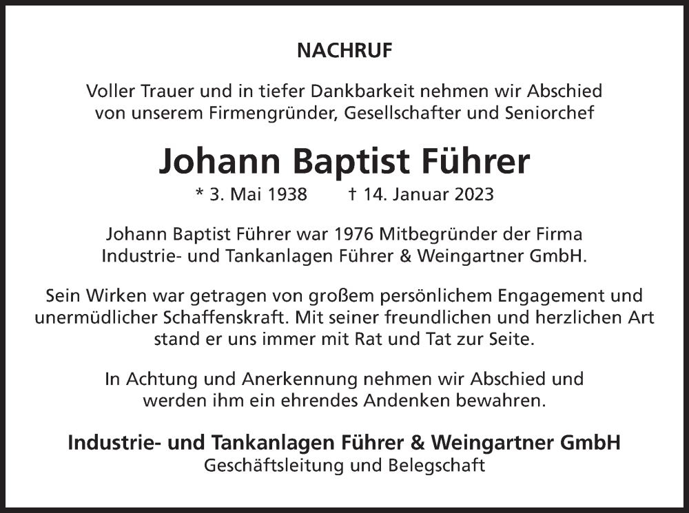 Traueranzeigen Von Johann Baptist F Hrer Trauer Merkur De