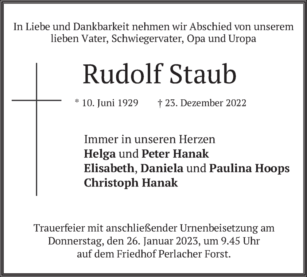 Traueranzeigen Von Rudolf Staub Trauer Merkur De