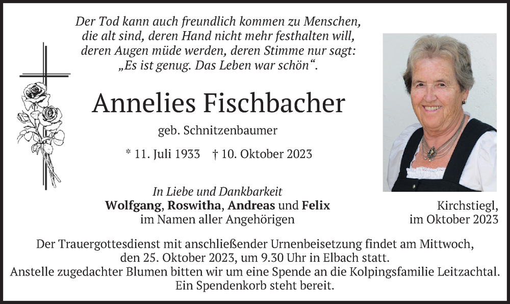 Traueranzeigen Von Annelies Fischbacher Trauer Merkur De