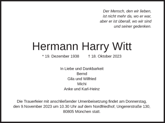 Traueranzeigen Von Hermann Harry Witt Trauer Merkur De