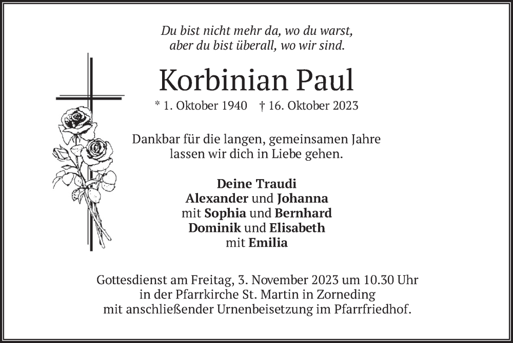 Traueranzeigen Von Korbinian Paul Trauer Merkur De