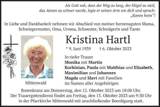 Traueranzeigen Von Kristina Hartl Trauer Merkur De