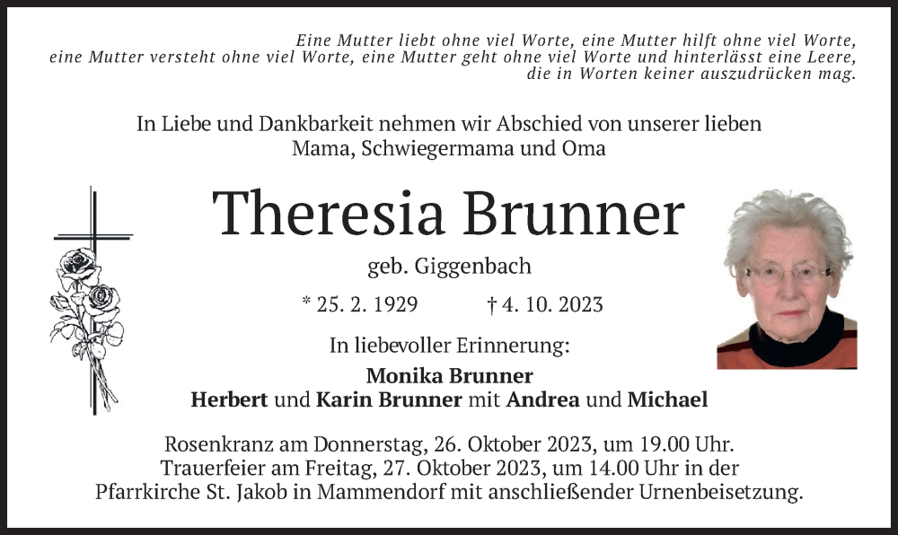 Traueranzeigen Von Theresia Brunner Trauer Merkur De