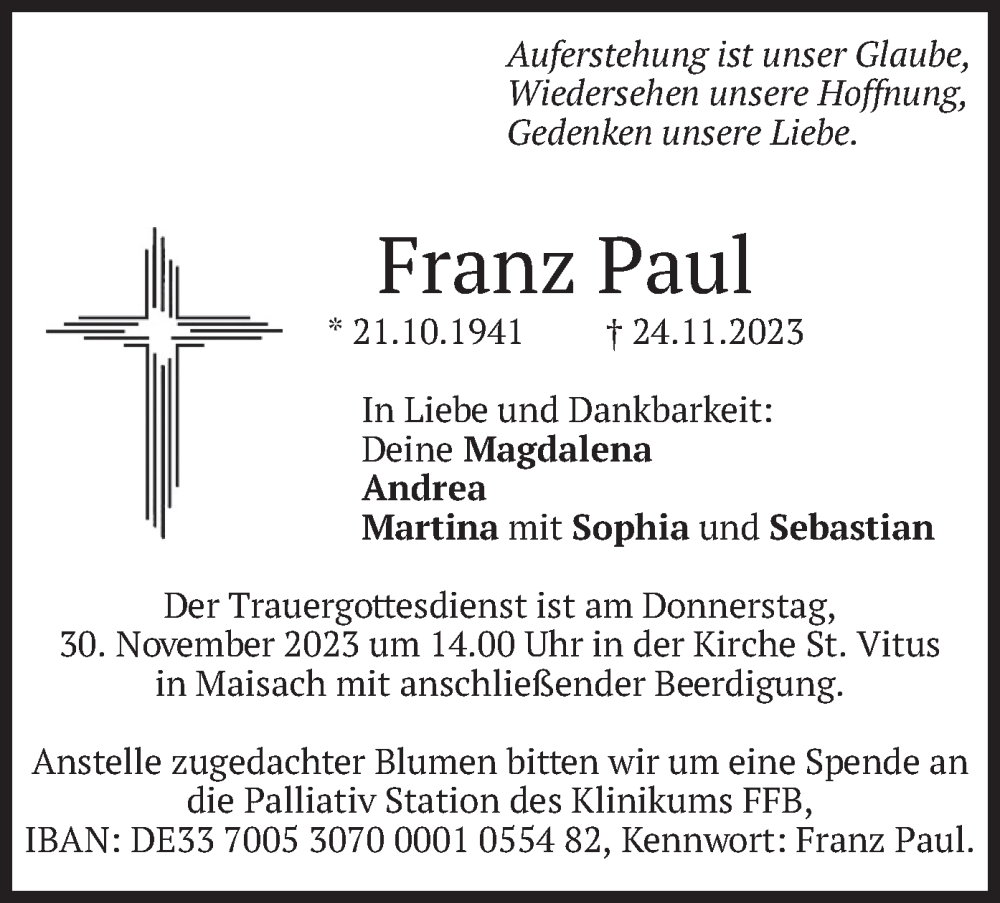 Traueranzeigen Von Franz Paul Trauer Merkur De