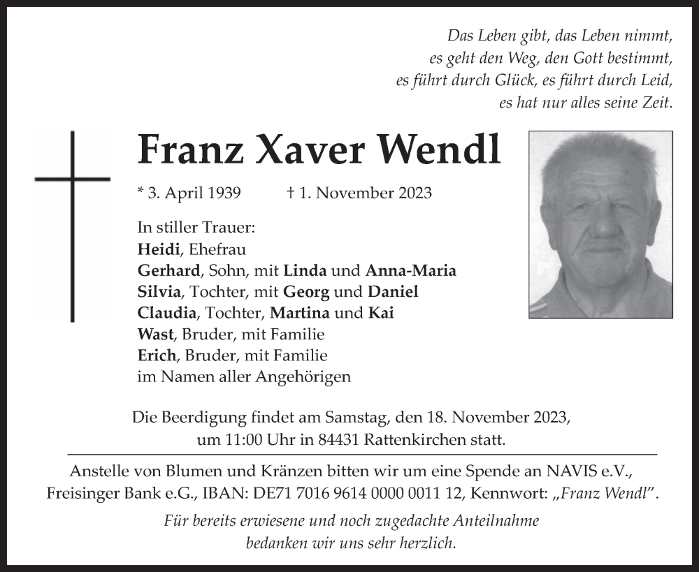 Traueranzeigen Von Franz Xaver Wendl Trauer Merkur De