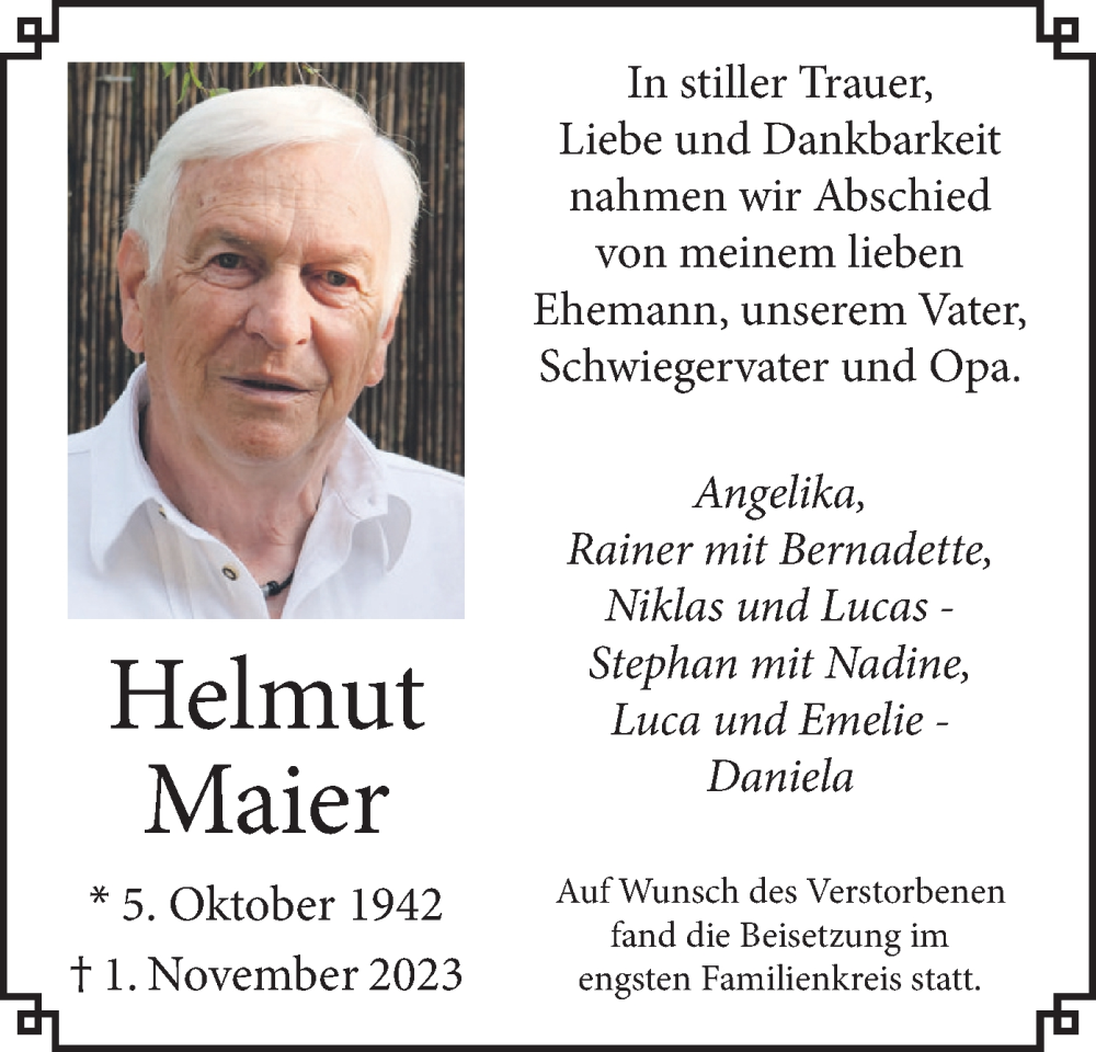 Traueranzeigen Von Helmut Maier Trauer Merkur De