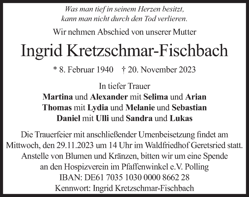 Traueranzeigen Von Ingrid Kretzschmar Fischbach Trauer Merkur De