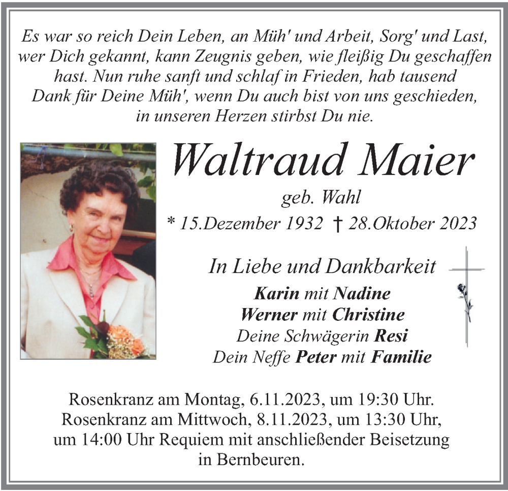 Traueranzeigen Von Waltraud Maier Trauer Merkur De