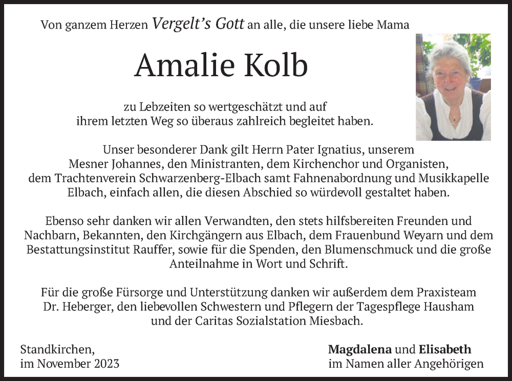 Traueranzeigen Von Amalie Kolb Trauer Merkur De