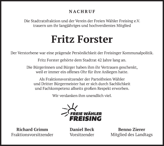 Traueranzeige von Fritz Forster von merkurtz