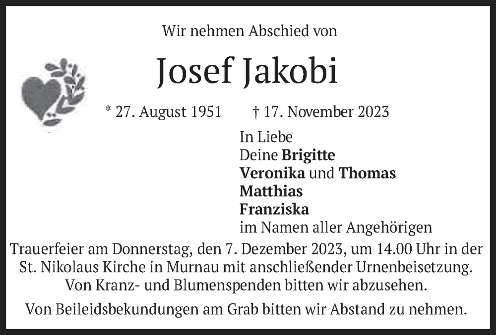 Traueranzeigen Von Josef Jakobi Trauer Merkur De