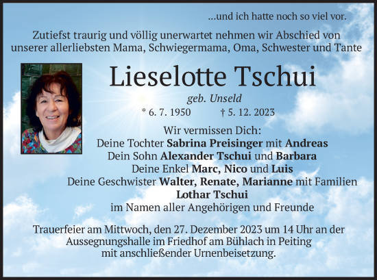 Traueranzeigen Von Lieselotte Tschui Trauer Merkur De