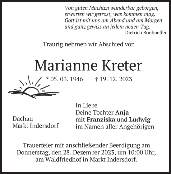 Traueranzeigen Von Marianne Kreter Trauer Merkur De