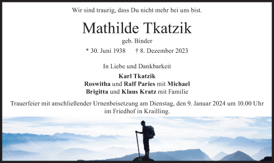 Traueranzeigen Von Mathilde Tkatzik Trauer Merkur De