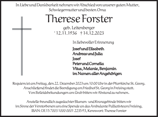 Traueranzeigen Von Therese Forster Trauer Merkur De