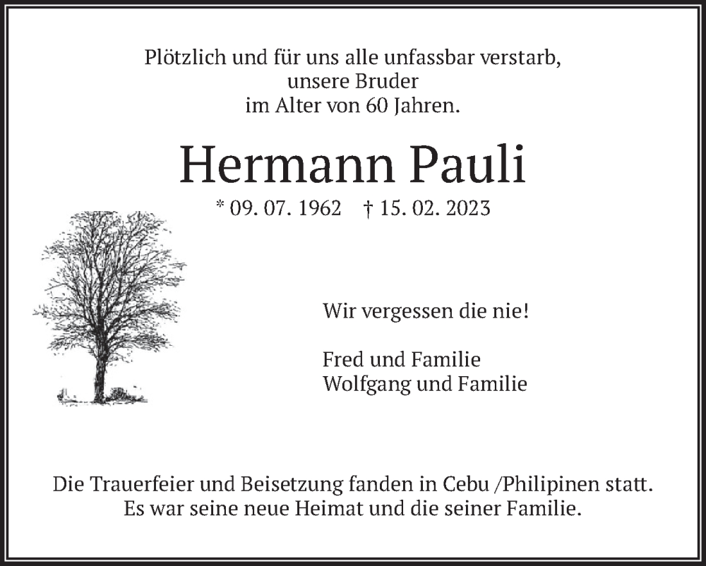 Traueranzeigen Von Hermann Pauli Trauer Merkur De