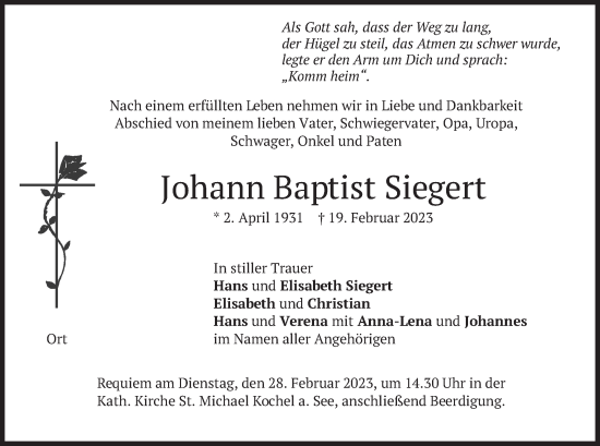 Traueranzeigen Von Johann Baptist Siegert Trauer Merkur De