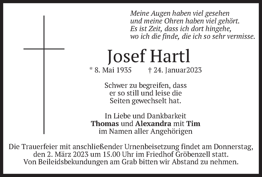 Traueranzeigen Von Josef Hartl Trauer Merkur De