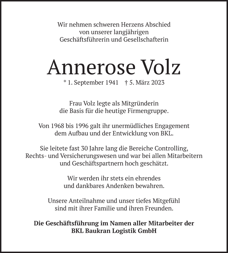 Traueranzeigen Von Annerose Volz Trauer Merkur De