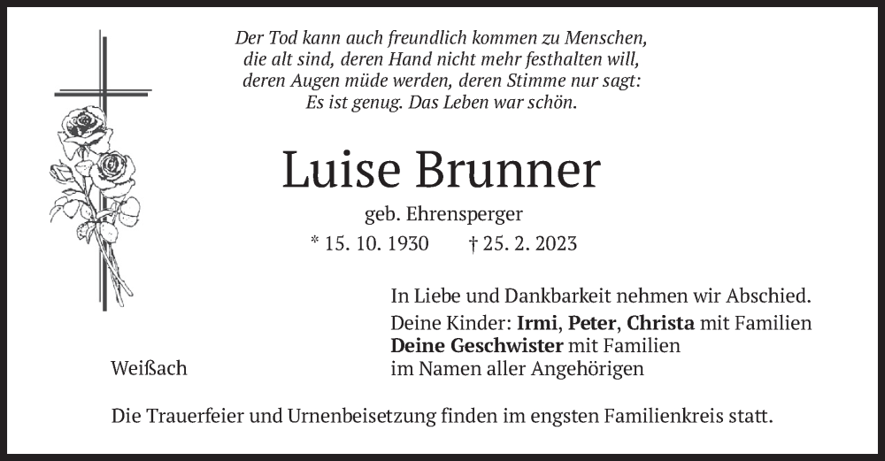 Traueranzeigen Von Luise Brunner Trauer Merkur De