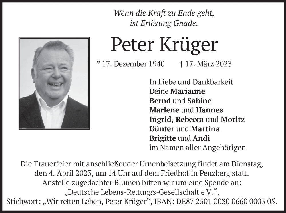 Traueranzeigen von Peter Krüger trauer merkur de