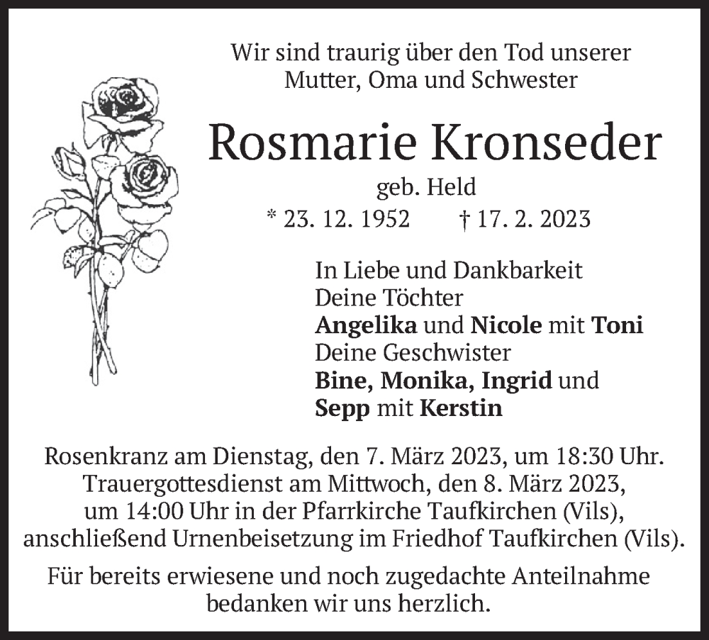 Traueranzeigen Von Rosmarie Kronseder Trauer Merkur De