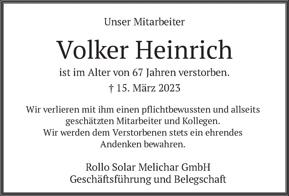 Traueranzeigen Von Volker Heinrich Trauer Merkur De