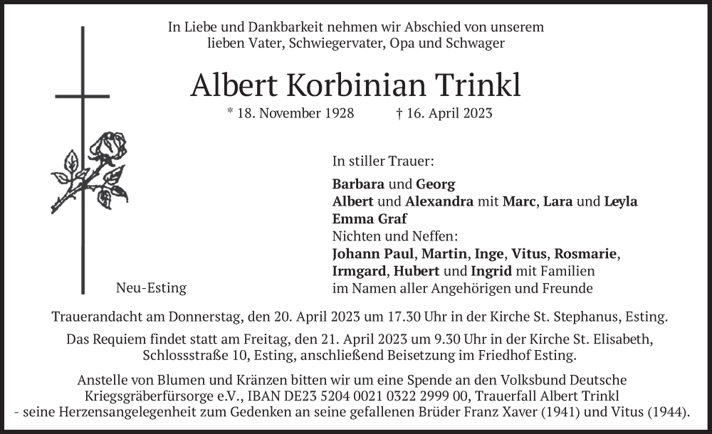 Traueranzeigen Von Albert Korbinian Trinkl Trauer Merkur De