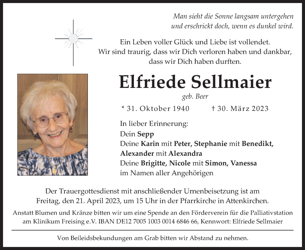 Traueranzeigen Von Elfriede Sellmaier Trauer Merkur De