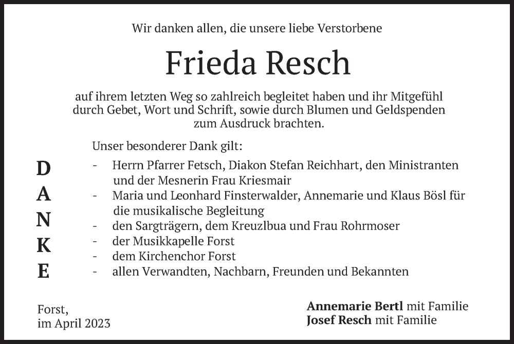 Traueranzeigen Von Frieda Resch Trauer Merkur De