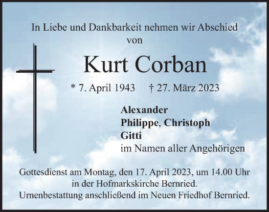 Traueranzeigen Von Kurt Corban Trauer Merkur De