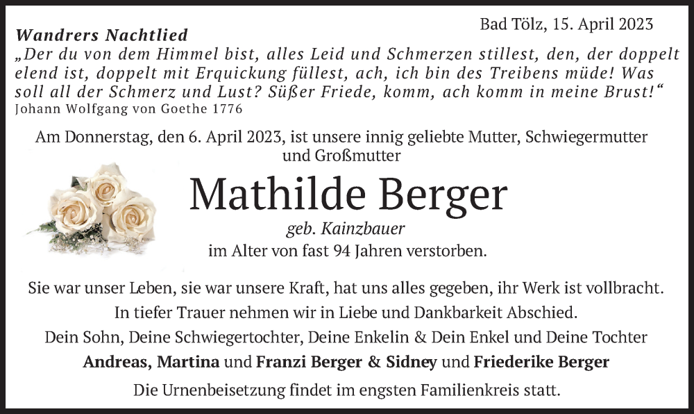 Traueranzeigen Von Mathilde Berger Trauer Merkur De