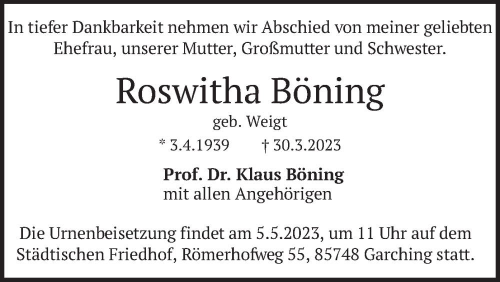 Traueranzeigen Von Roswitha B Ning Trauer Merkur De