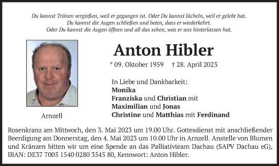 Traueranzeigen Von Anton Hibler Trauer Merkur De