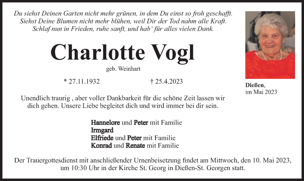 Traueranzeigen Von Charlotte Vogl Trauer Merkur De