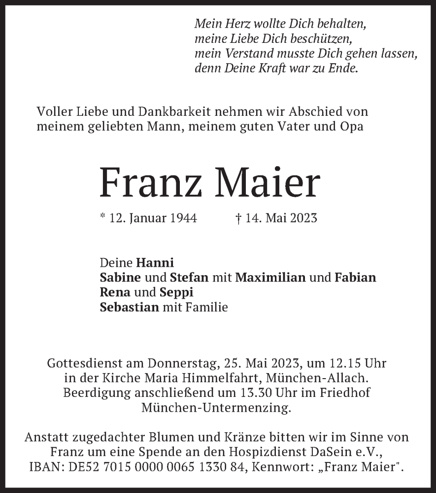 Traueranzeigen Von Franz Maier Trauer Merkur De