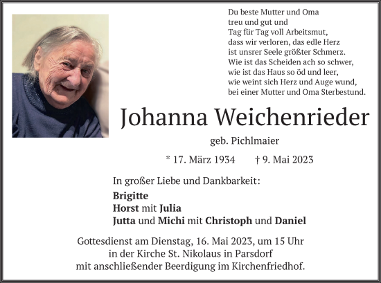 Traueranzeigen Von Johanna Weichenrieder Trauer Merkur De