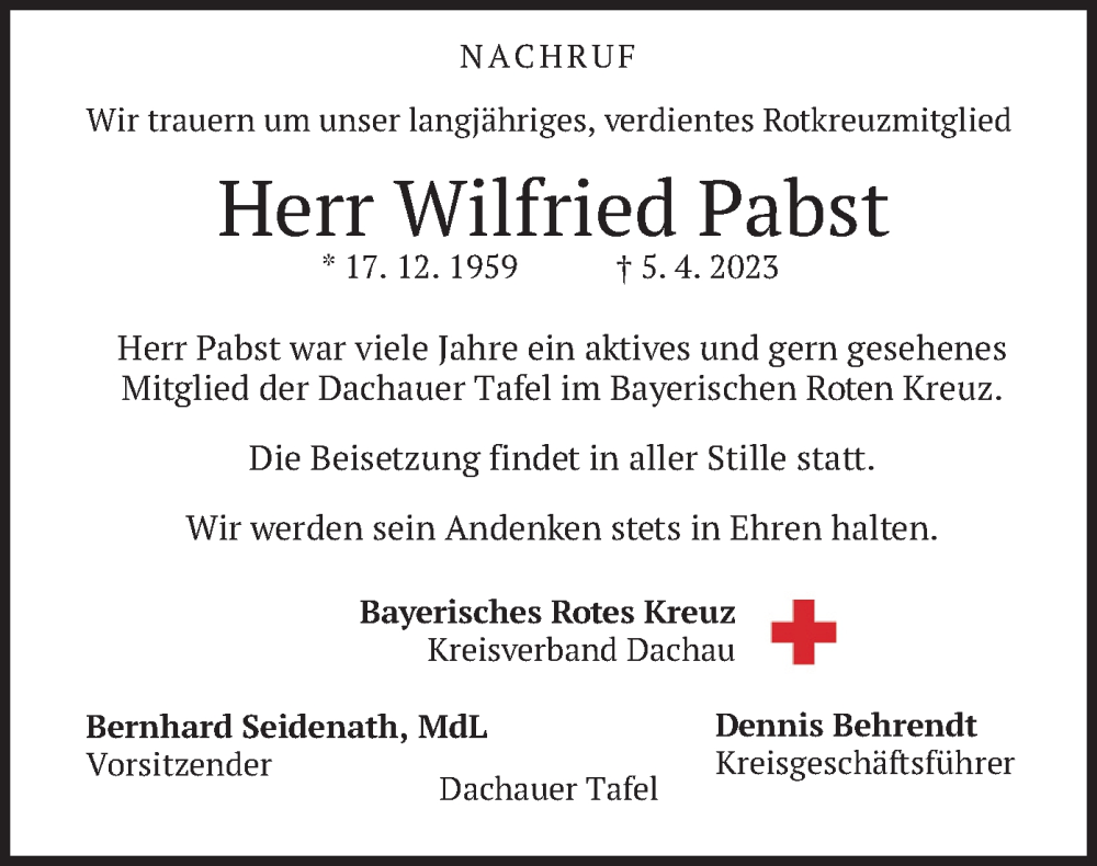 Traueranzeigen Von Wilfried Pabst Trauer Merkur De