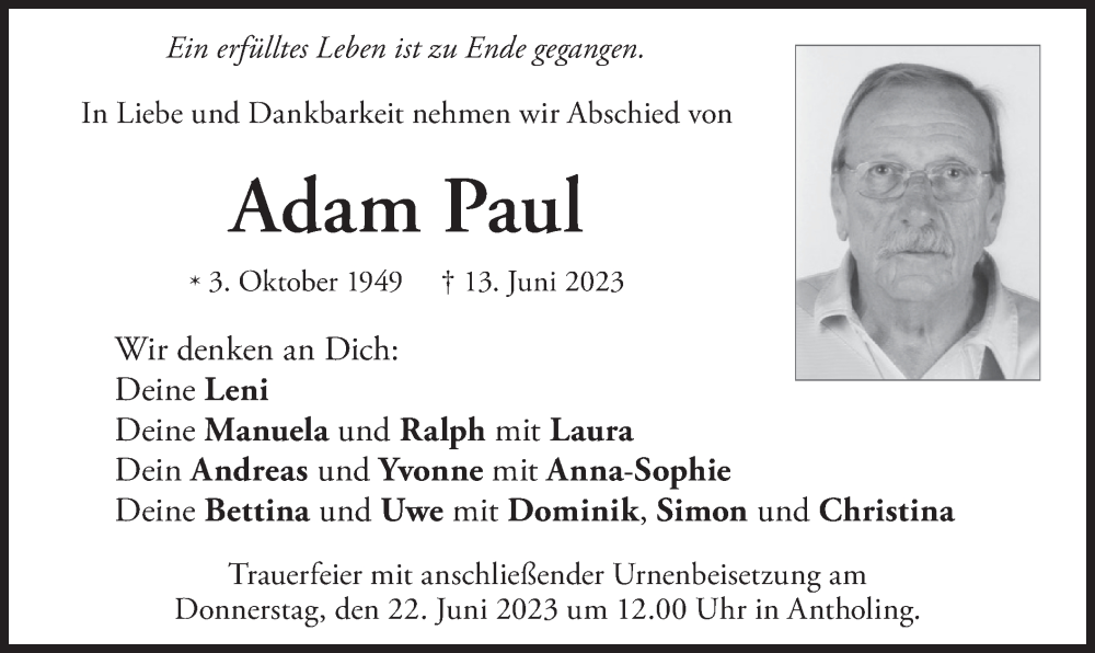 Traueranzeigen Von Adam Paul Trauer Merkur De