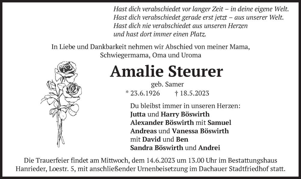 Traueranzeigen Von Amalie Steurer Trauer Merkur De