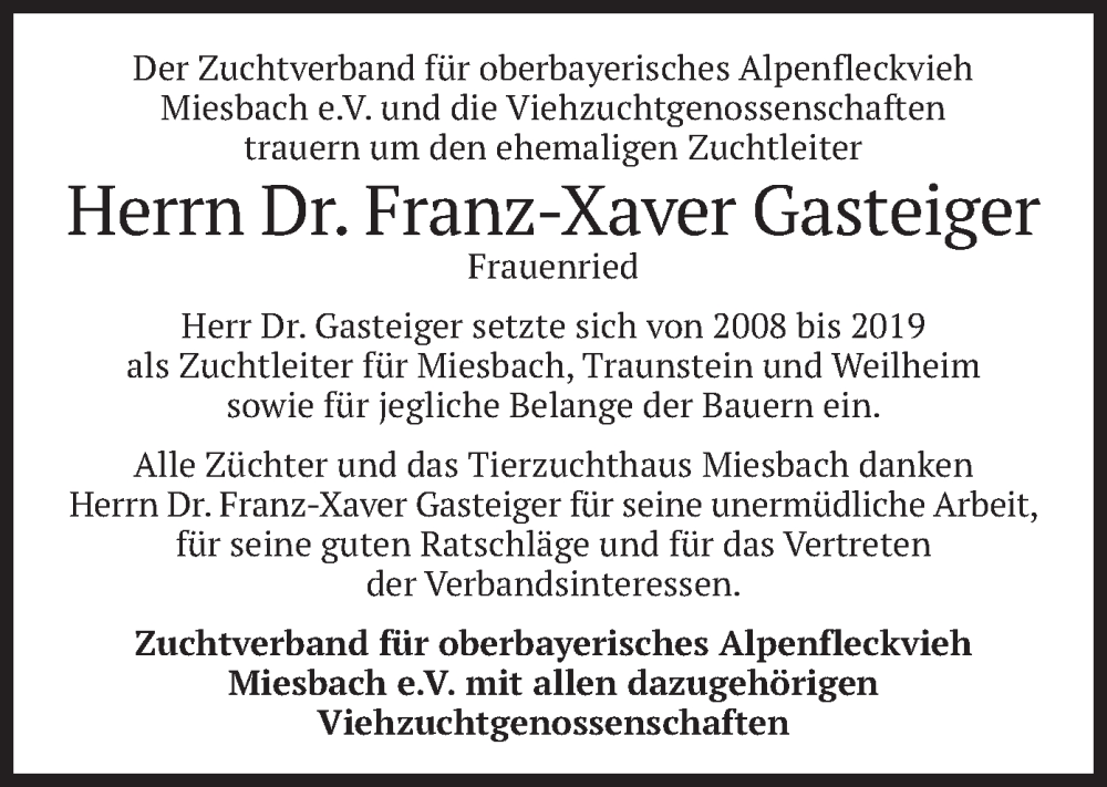 Traueranzeigen Von Franz Xaver Gasteiger Trauer Merkur De