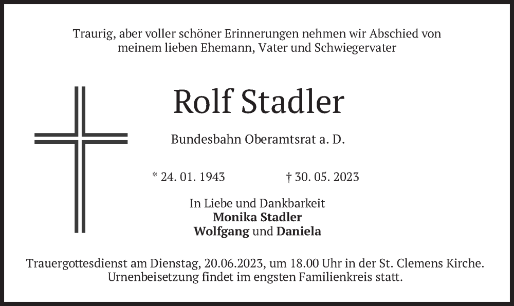 Traueranzeigen Von Rolf Stadler Trauer Merkur De