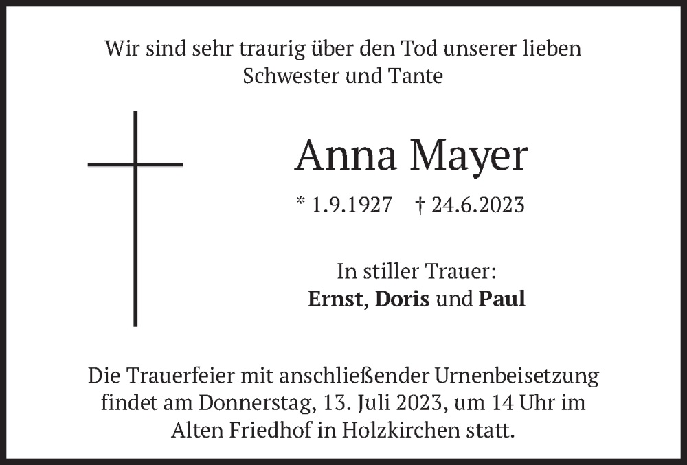 Traueranzeigen Von Anna Mayer Trauer Merkur De