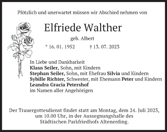 Traueranzeigen Von Elfriede Walther Trauer Merkur De