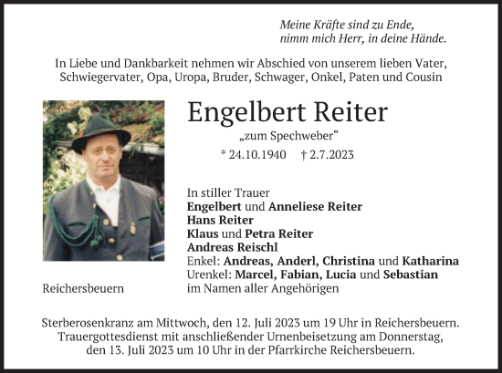 Traueranzeigen Von Engelbert Reiter Trauer Merkur De