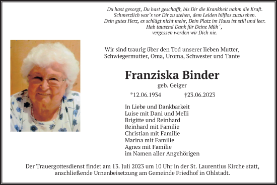 Traueranzeigen Von Franziska Binder Trauer Merkur De