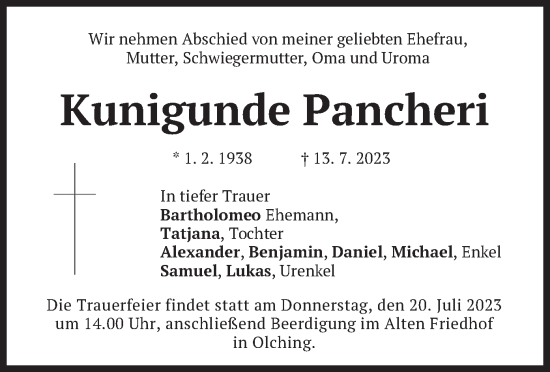 Traueranzeigen Von Kunigunde Pancheri Trauer Merkur De