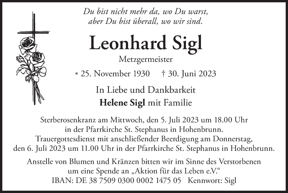 Traueranzeigen Von Leonhard Sigl Trauer Merkur De