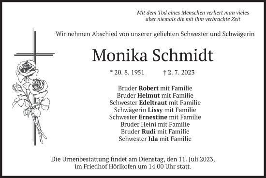 Traueranzeigen Von Monika Schmidt Trauer Merkur De